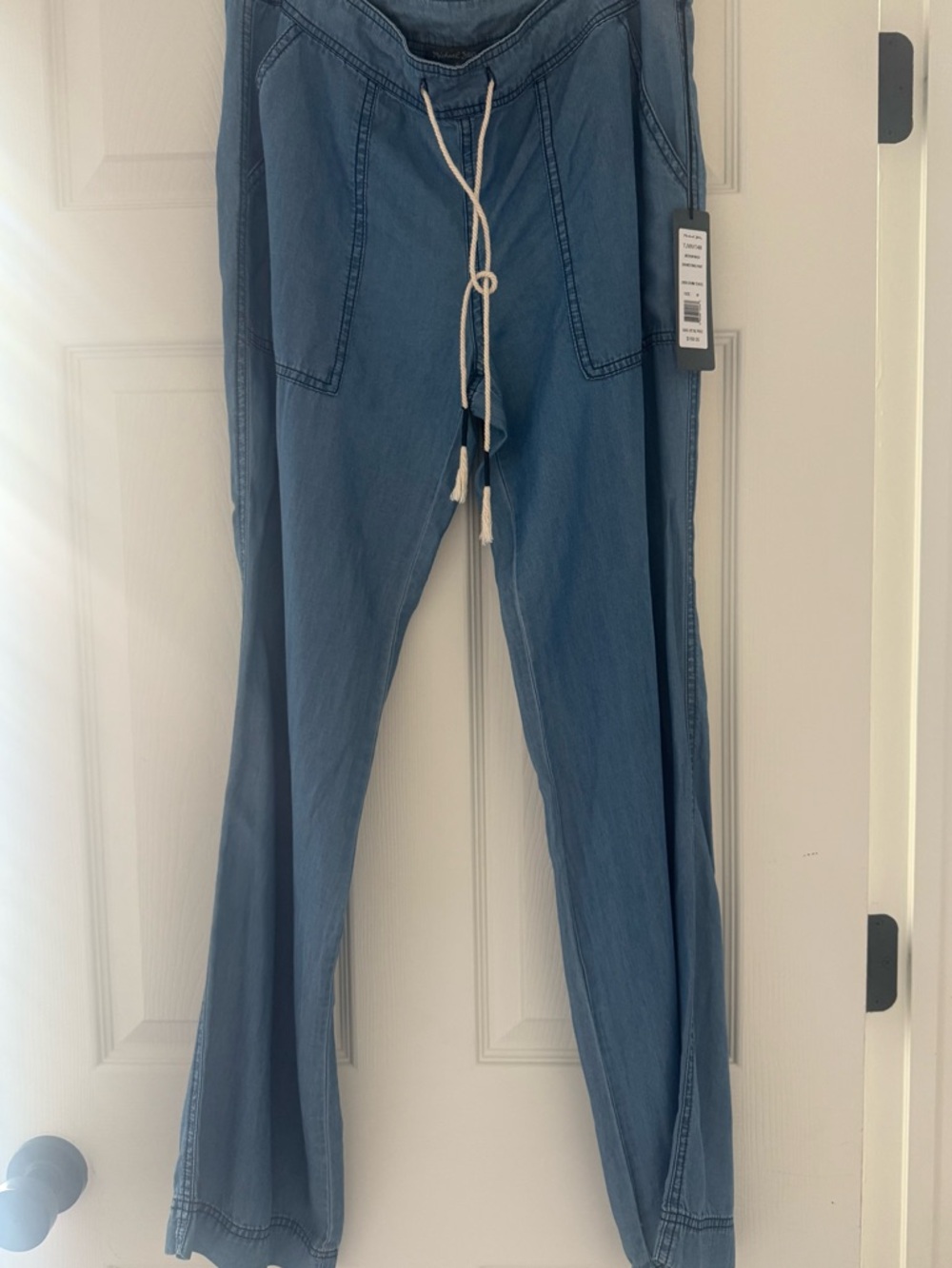 Light Blue Drawstring Wide-Leg linen/Denim Pants